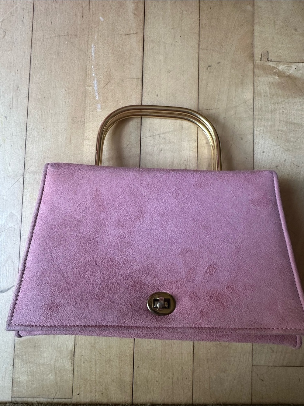 Vintage Pink Faux Suede Handbag with Gold Metal Handles | Structured Top Handle